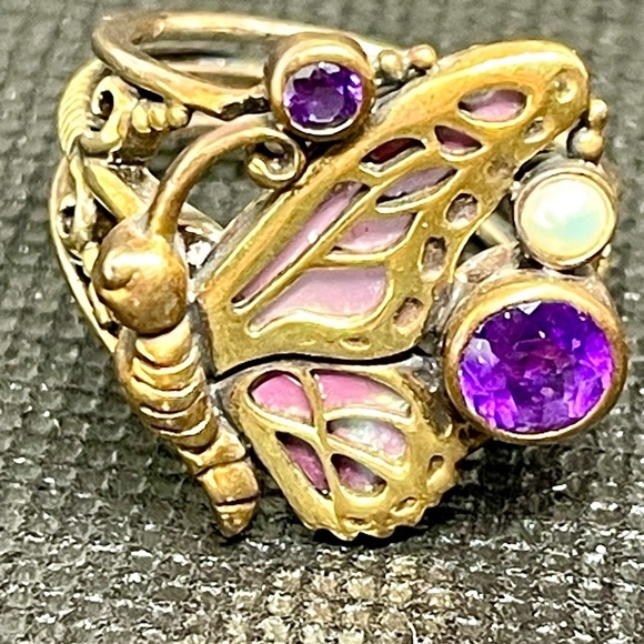 Rare❣️925 Gold Sterling Elegant Butterfly Ring Amethyst Purple Pearl Brass Ring - Picture 1 of 9